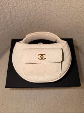 CHANEL White Quilted Crescent Mini Top-Handle Bag with Gold CC